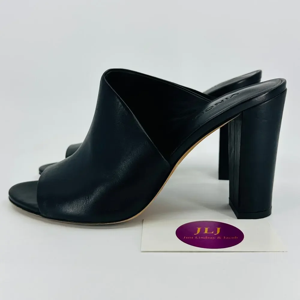 Vince Women's Hanna Black Leather Block-Heel Peep Toe Slip On Mules Size 6.5